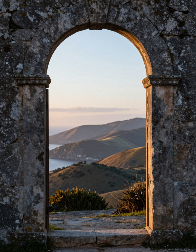 Weathered stone doorway opening toward Portuguese coastal hills