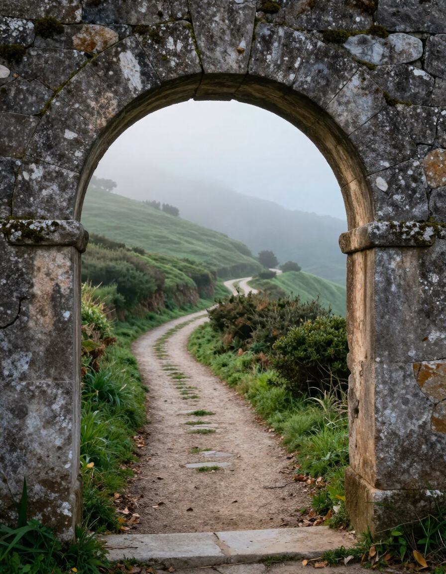 Stone arch overlooking a misty hillside path in Portugal