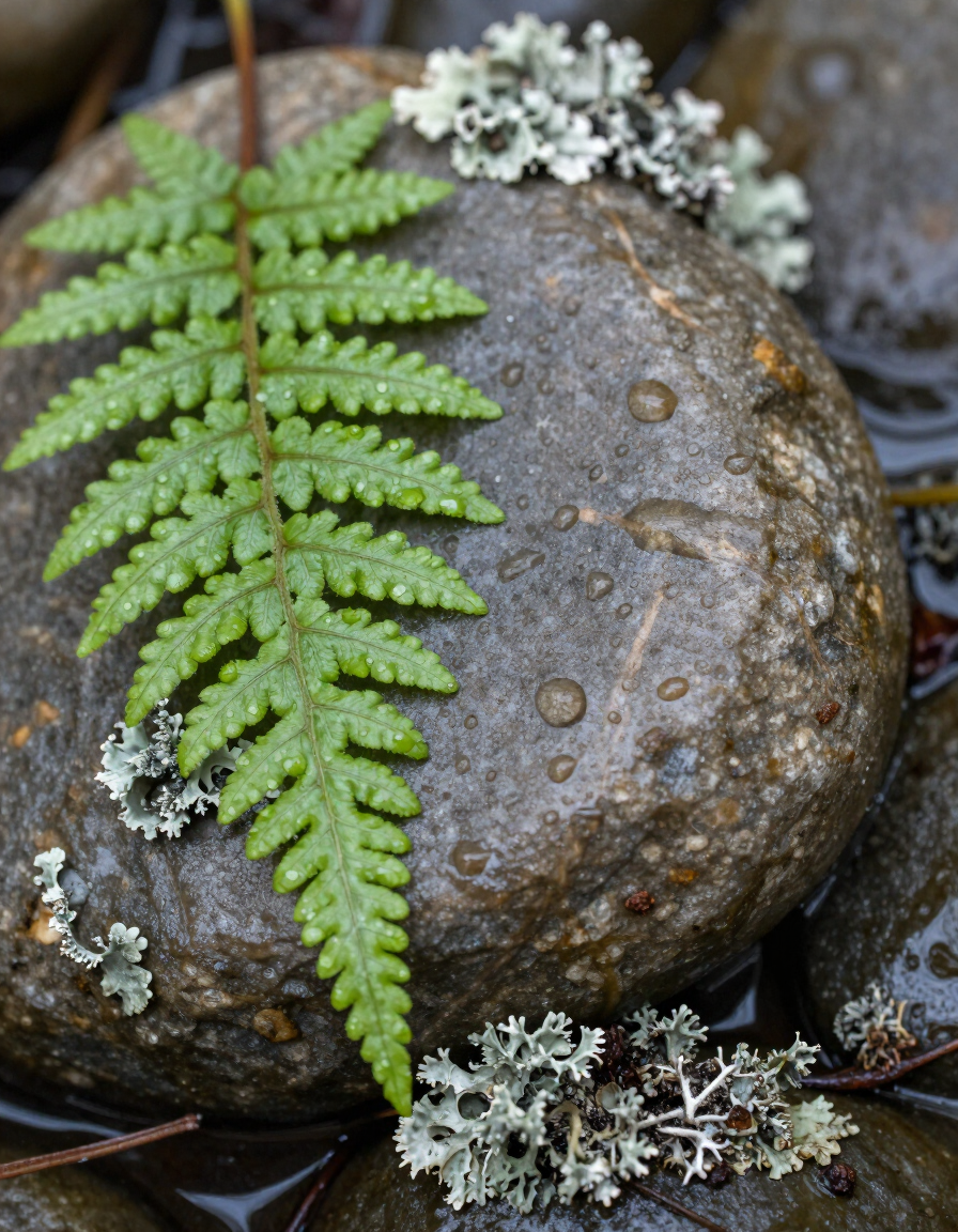 Wet river stone with fern and lichen