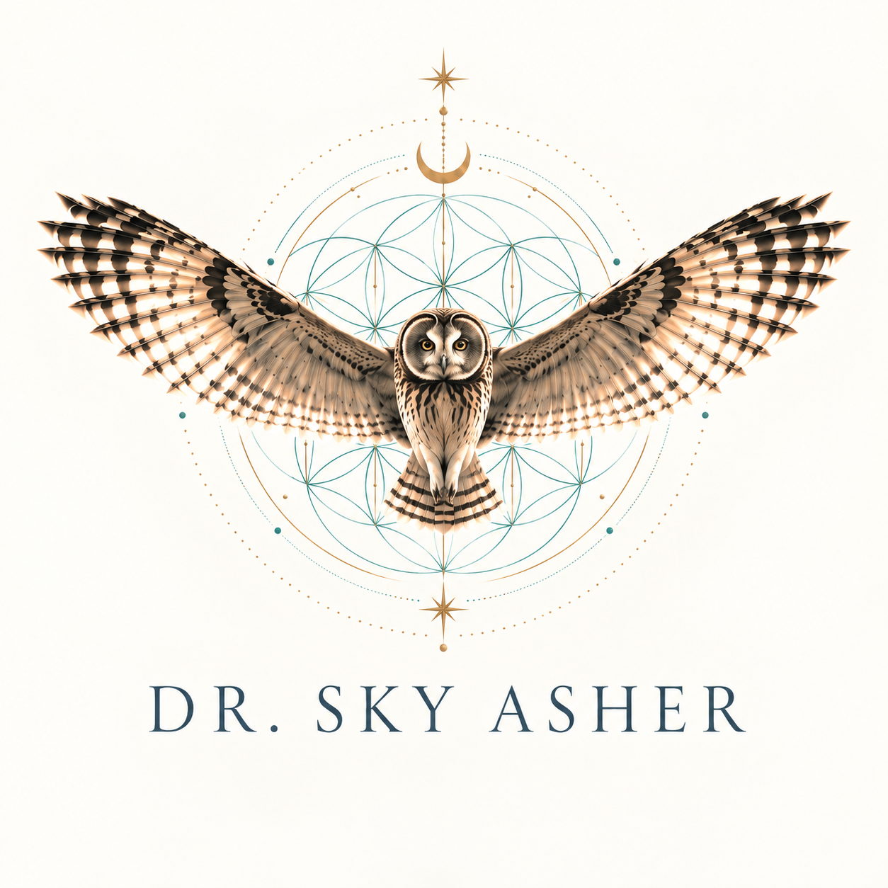 Dr. Sky Asher logo: an owl in flight over a sacred geometry mandala