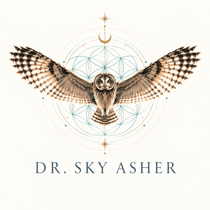 Dr. Sky Asher logo: an owl in flight over a sacred geometry mandala