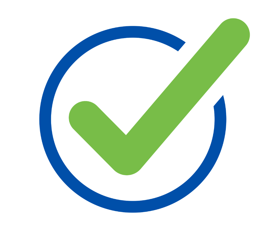 Blue circle with a green check mark indicating completion or approval