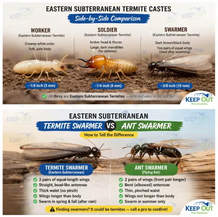 Infographic comparing eastern subterranean termite castes and termite swarmer vs ant swarmer, with labeled insects.