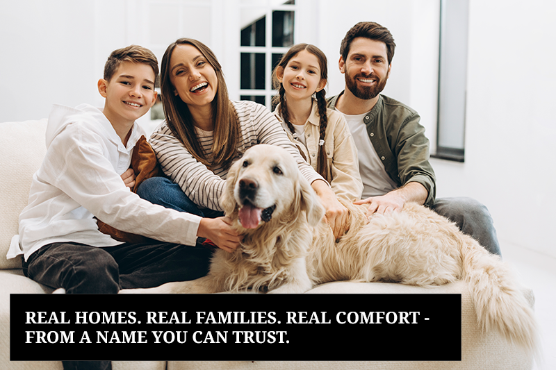 Family smiling with a golden retriever on a couch. Text reads: