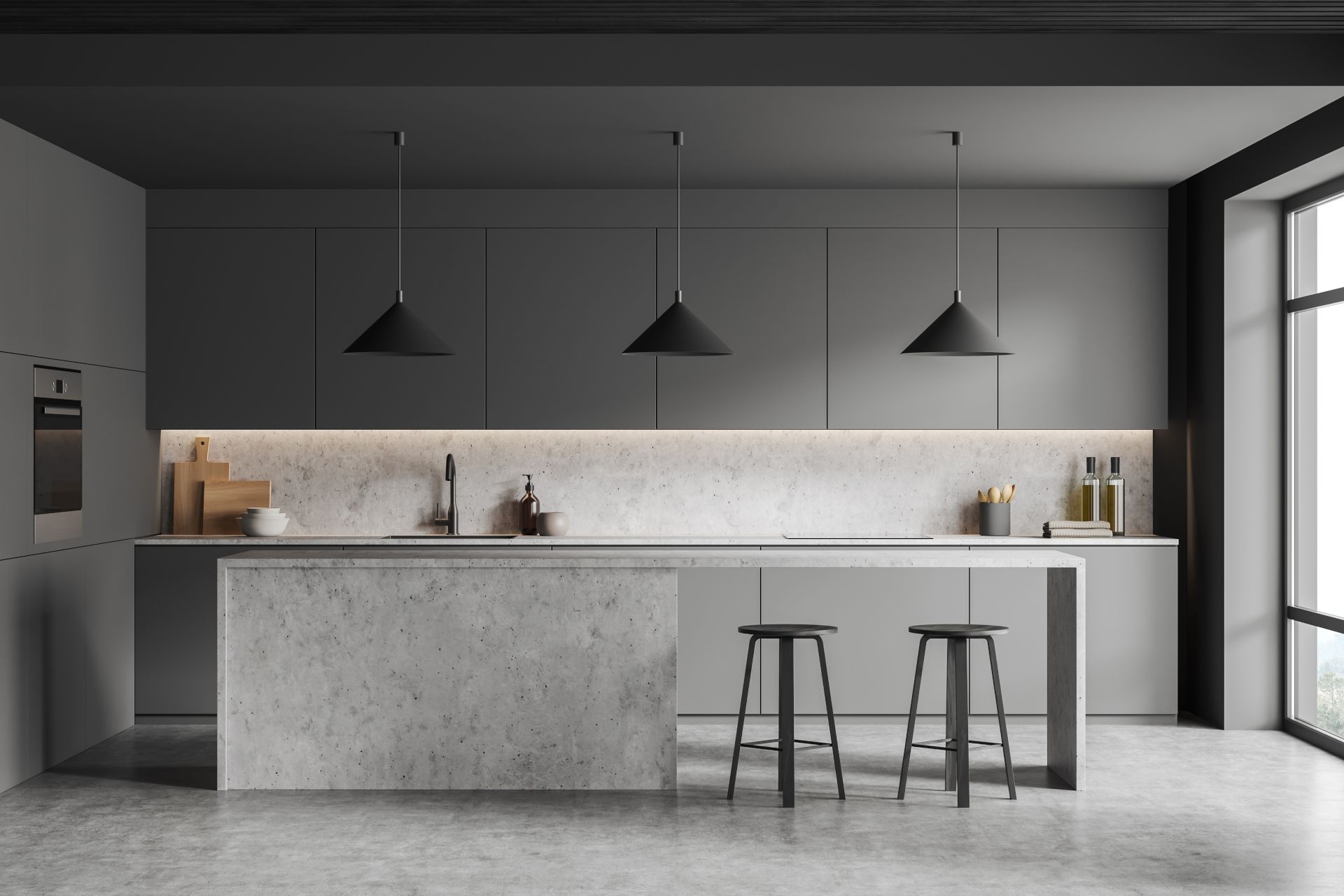 Minimalist gray modern kitchen with island, pendant lights, and two stools