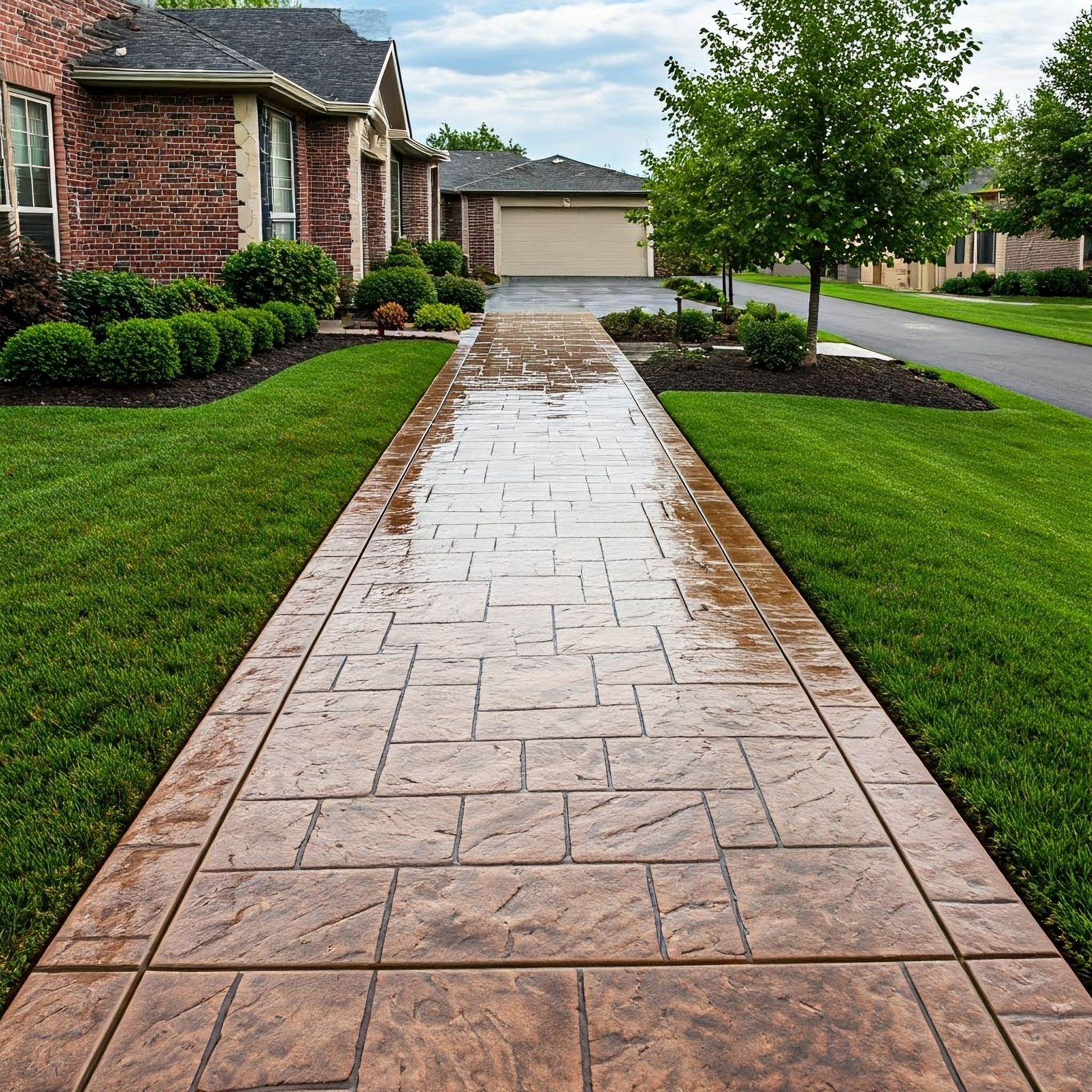 Brick walkway leading to a garage beside a brick house, bordered by green lawns and shrubs after rain