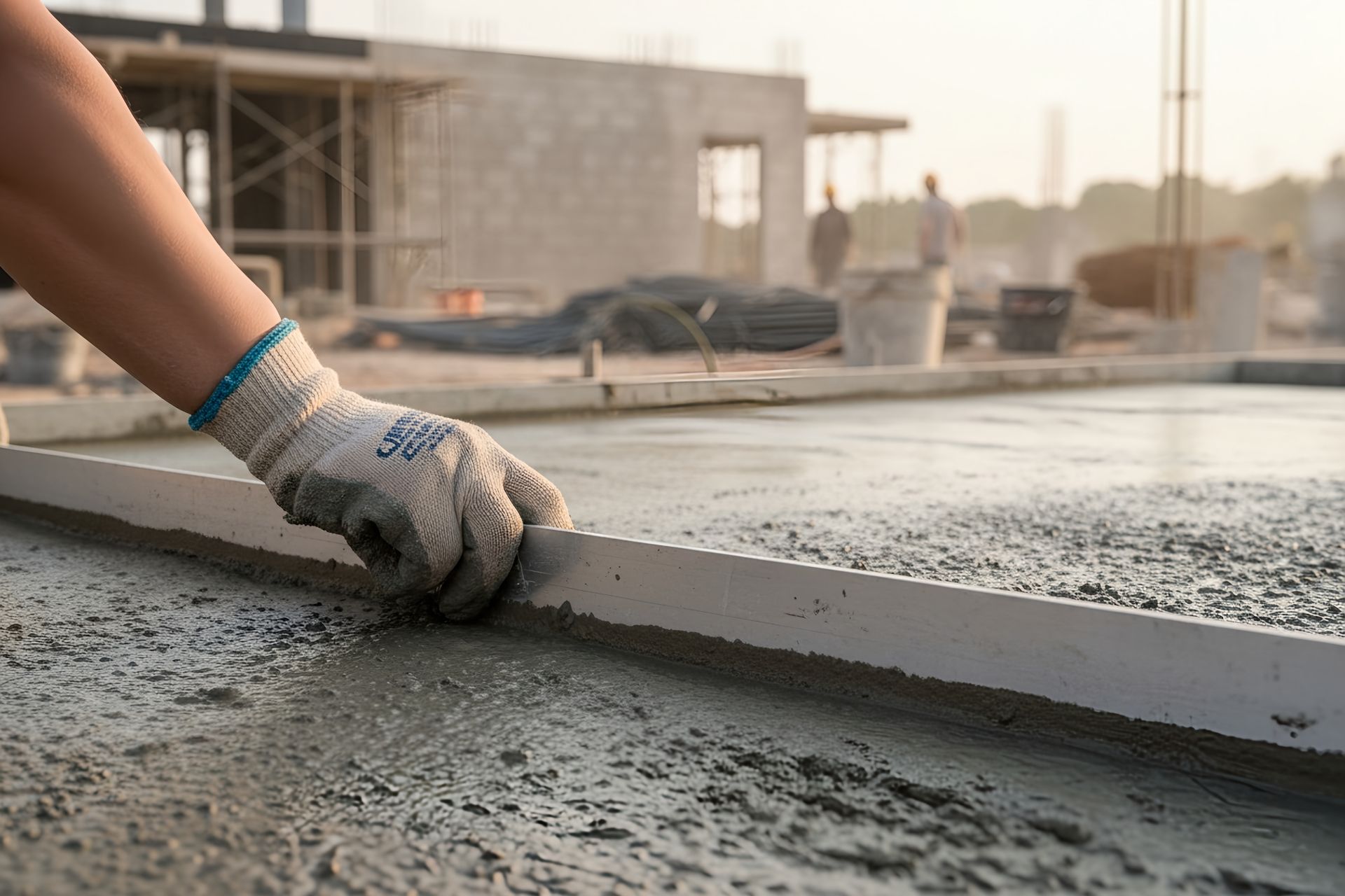 Gloved hand smoothing wet concrete along a curb at a construction site