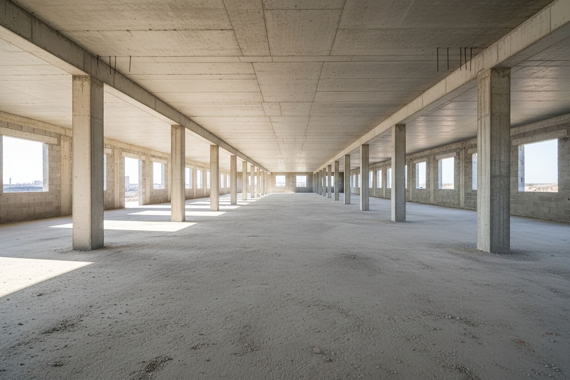 Empty unfinished building interior with concrete columns, rows of windows, and a dusty floor