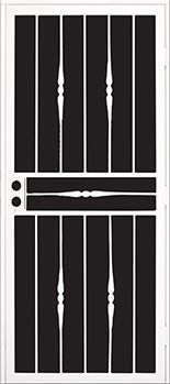 White metal security door with black mesh and decorative elements.