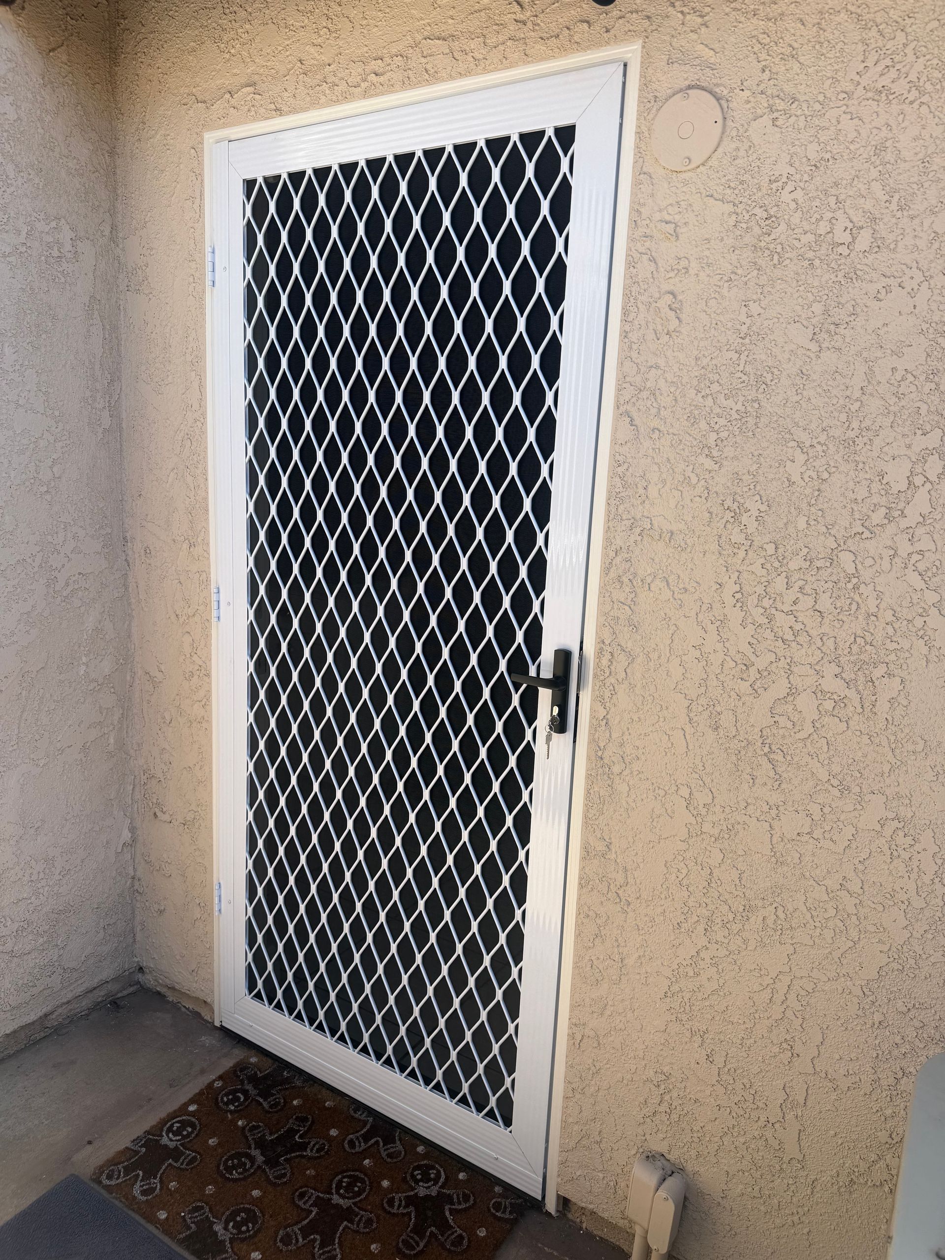 Installed Sentry aluminum security screen door with keyed lock at Mobile Screen Repair in Riverside, CA.