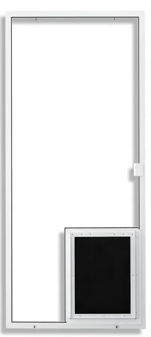White framed dog door with a black pet door insert.