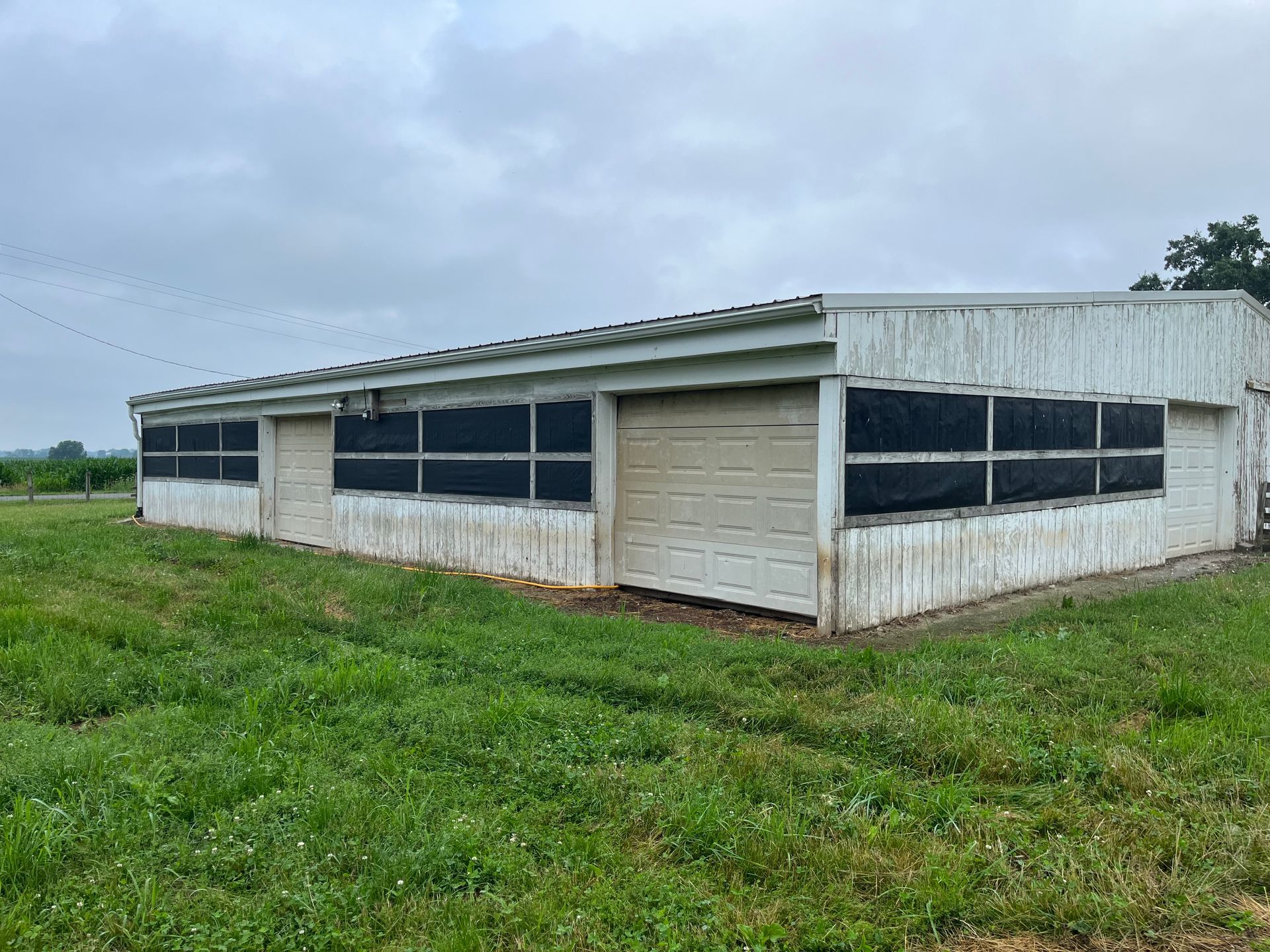 A white building with black windows is sitting in the middle of a grassy field.