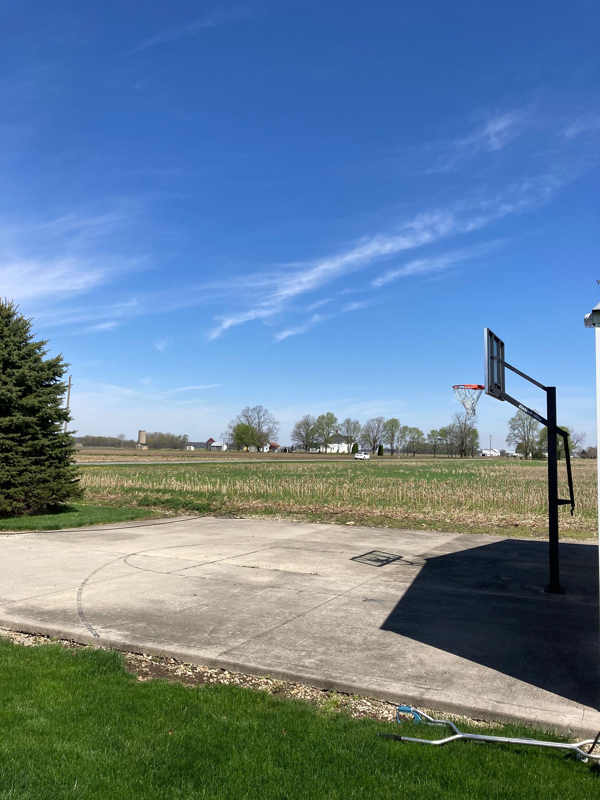 There is a basketball hoop in the middle of a field.