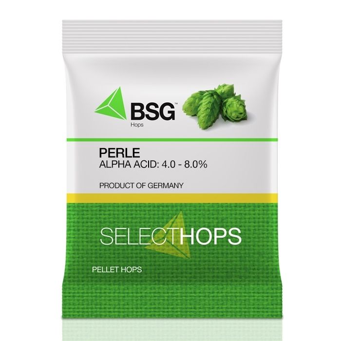 A bag of perle alpha acid 4.0 - 9.0 % pellet hops.