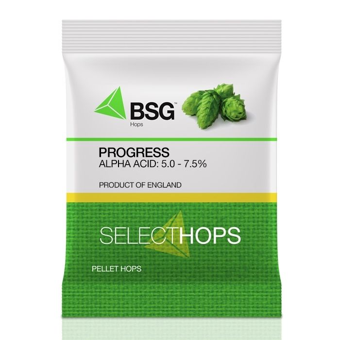 A bag of progress alpha acid pellet hops with a picture of hops on it.