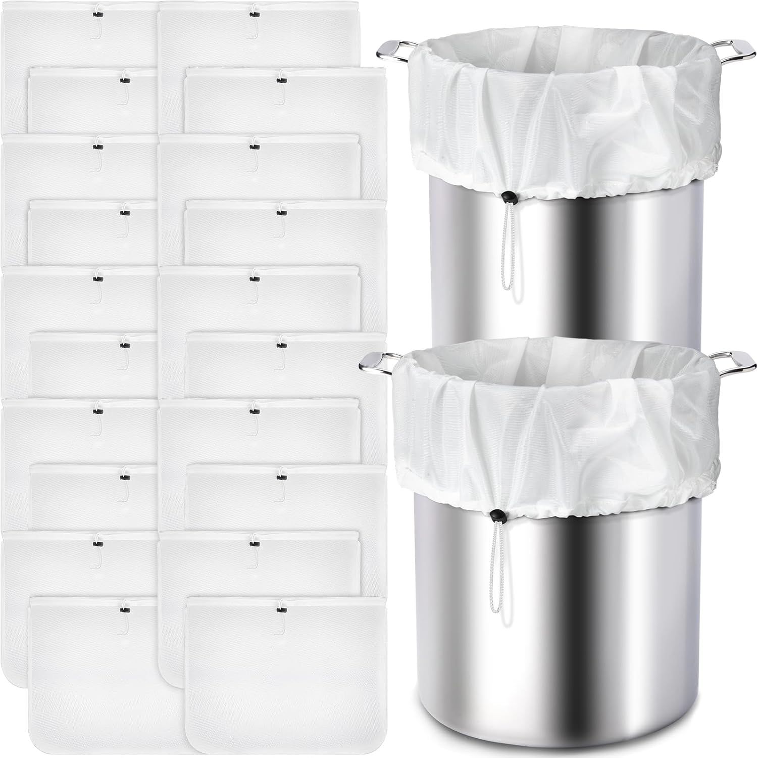 A stack of stainless steel pots filled with white bags.