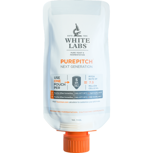 White Labs PurePitch yeast pouch with orange nozzle, white and orange packaging.