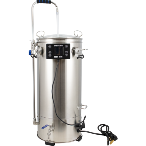 A stainless steel container with a handle and a cord attached to it.