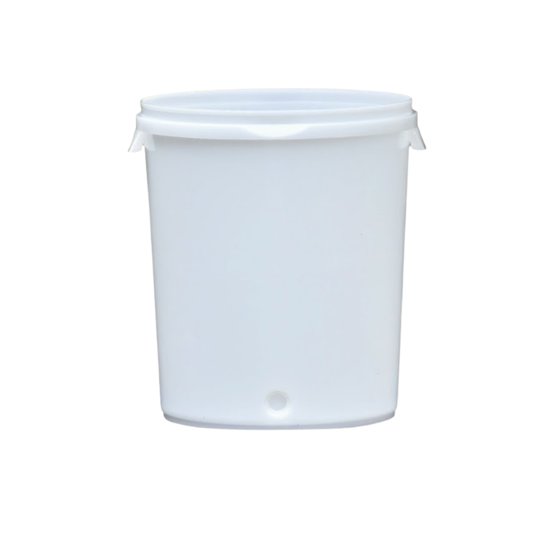 A white plastic bucket with a hole in the middle on a white background.