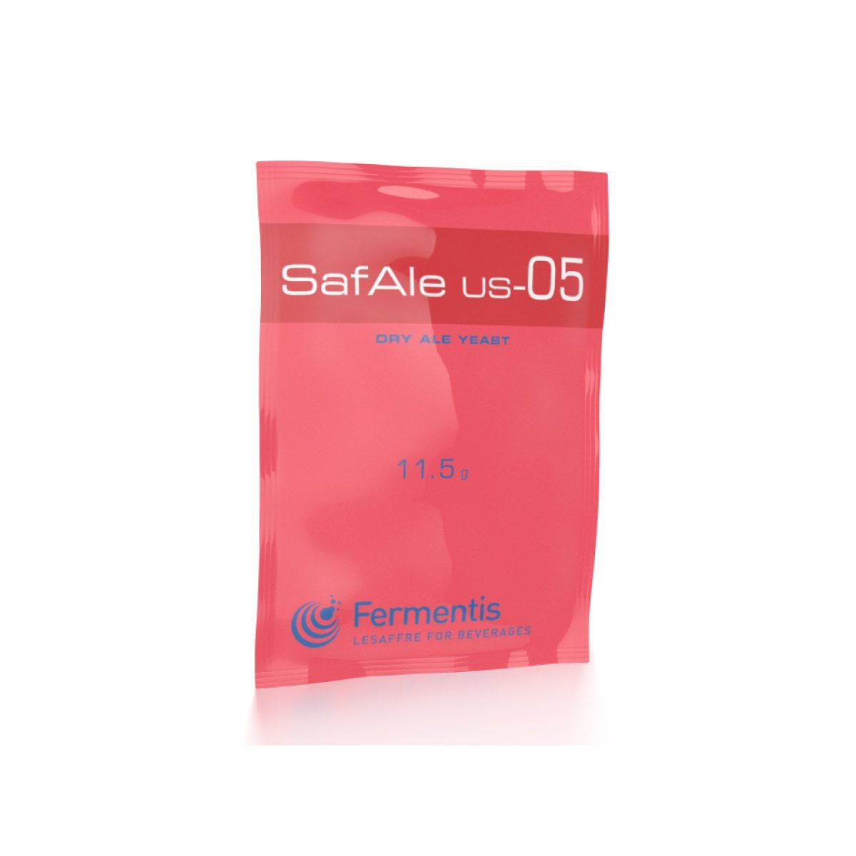 A red bag of safale us-05 dry ale yeast on a white background.