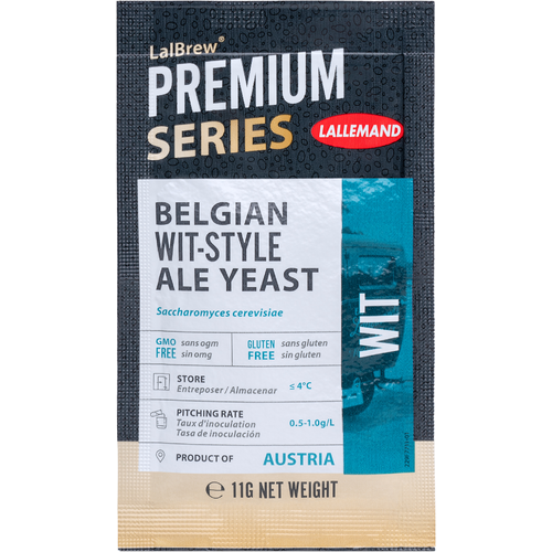 A package of belgian wit-style ale yeast is sitting on a wooden table.