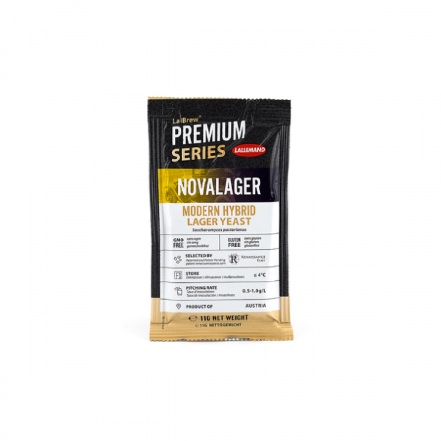 A bag of novalager modern hybrid lager yeast on a white background.