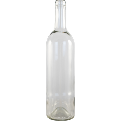 A clear glass wine bottle with a white cap on a white background.