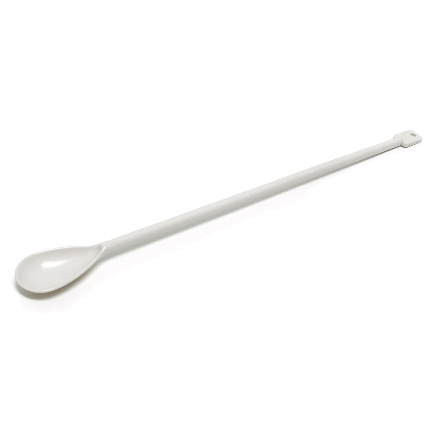 A white plastic spoon with a long handle on a white background.