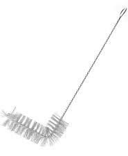 A stainless steel bottle brush with a long handle on a white background.