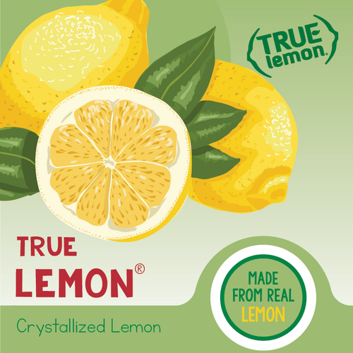 True Lemon packaging with lemons, lemon slice, and badge reading “Made from real lemon”