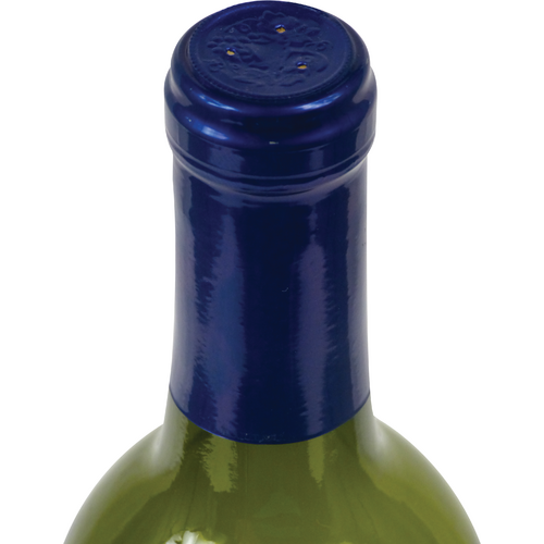 A close up of a bottle of wine with a blue cap