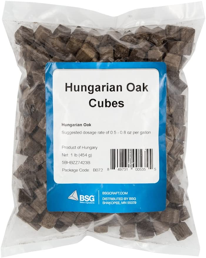 A bag of hungarian oak cubes with a blue label.