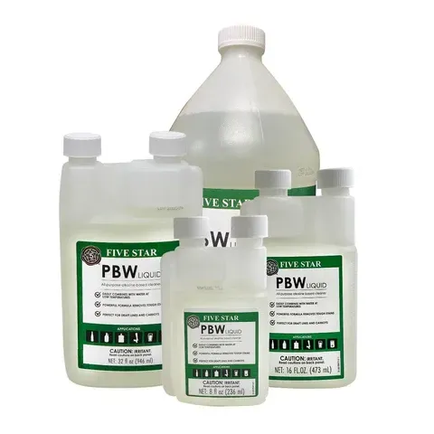 Four bottles of five star pbw liquid are stacked on top of each other