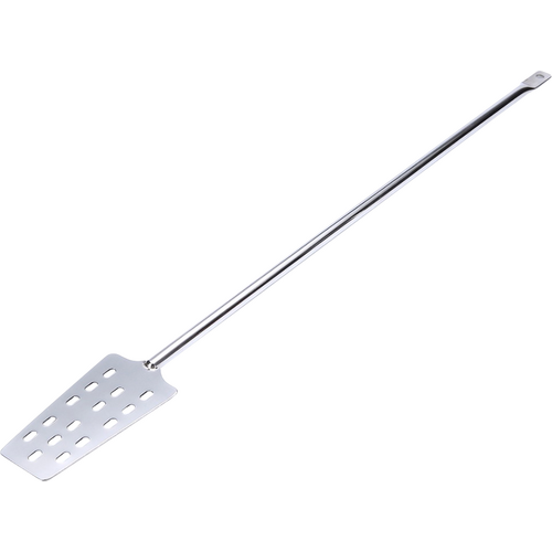 A stainless steel spatula with holes in it and a long handle on a white background.