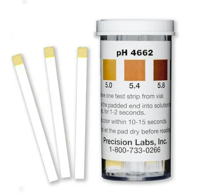 A bottle of ph test strips from precision labs