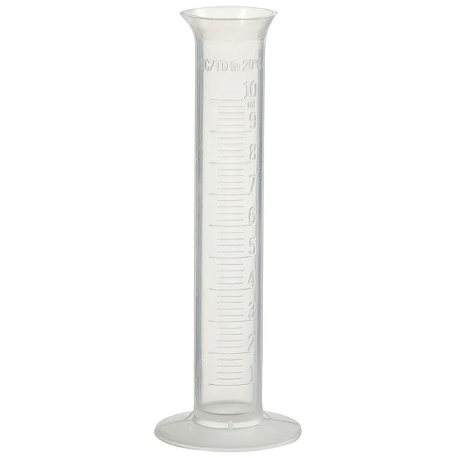 A clear plastic measuring cylinder with measurements on it on a white background.