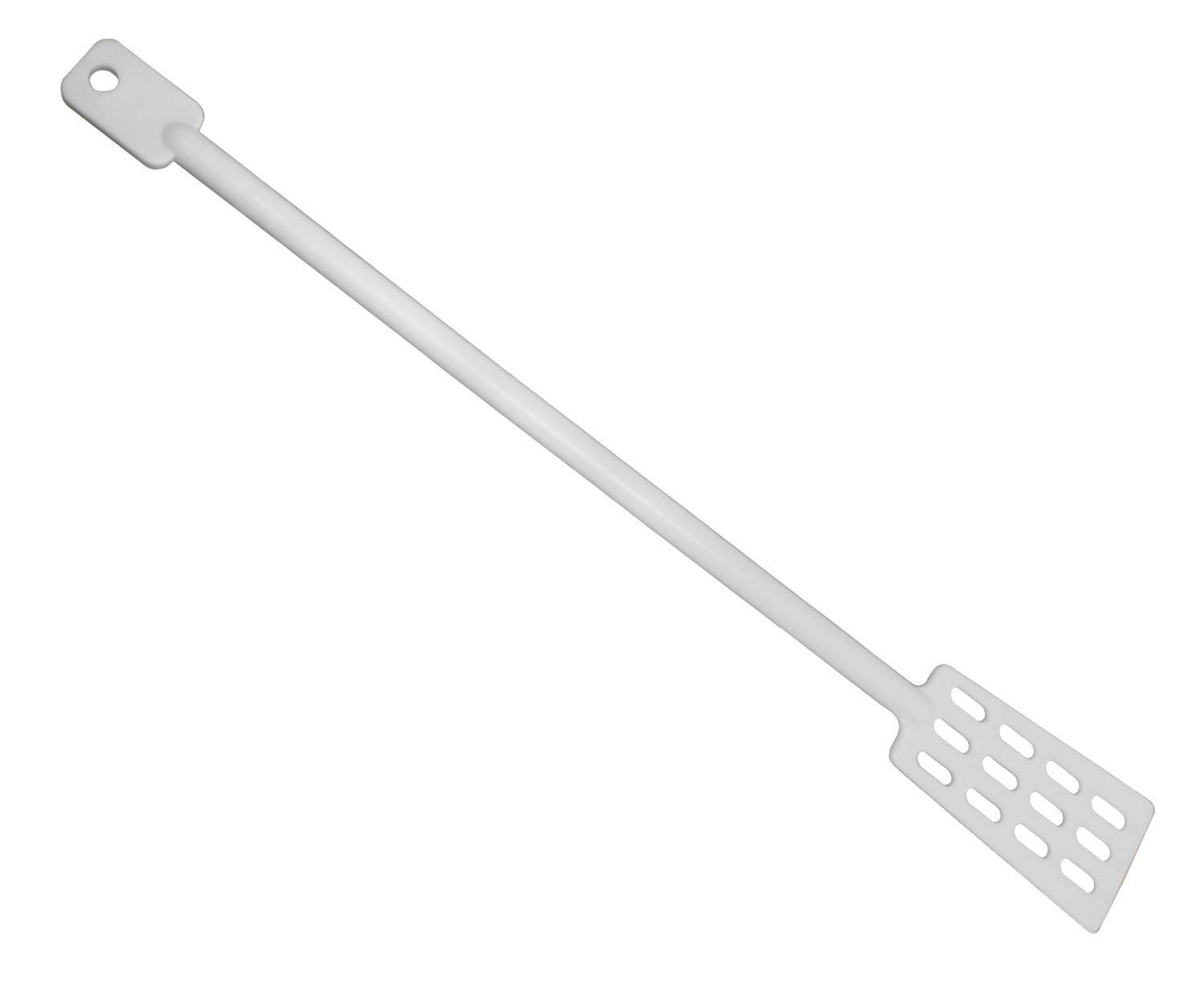 A white plastic spatula with holes in it on a white background.