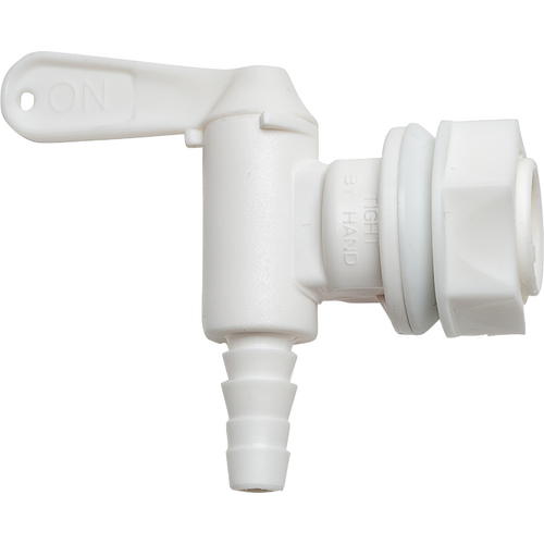 A white plastic faucet with a handle and a hose attached to it.