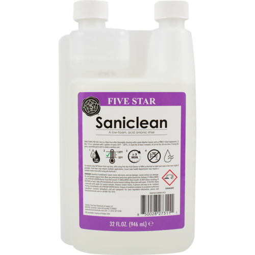A bottle of five star saniclean with a purple label