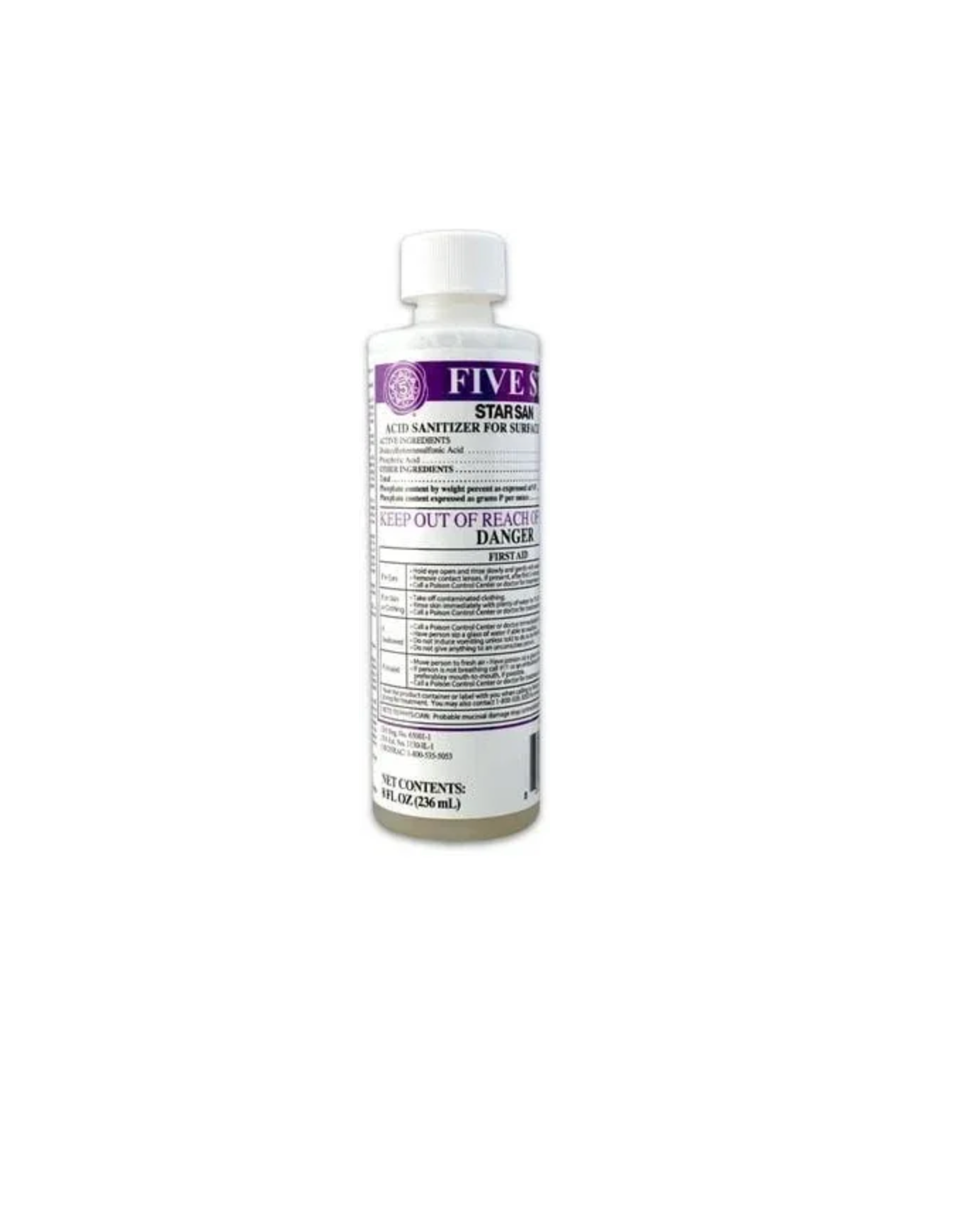 A bottle of liquid with a purple label on a white background.