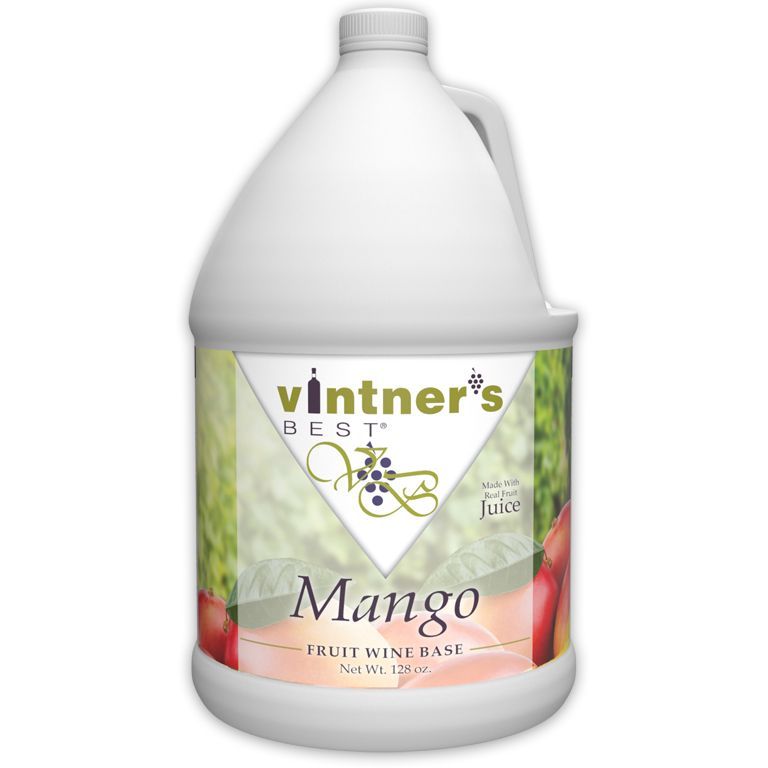 A gallon of vintners mango fruit wine base on a white background.