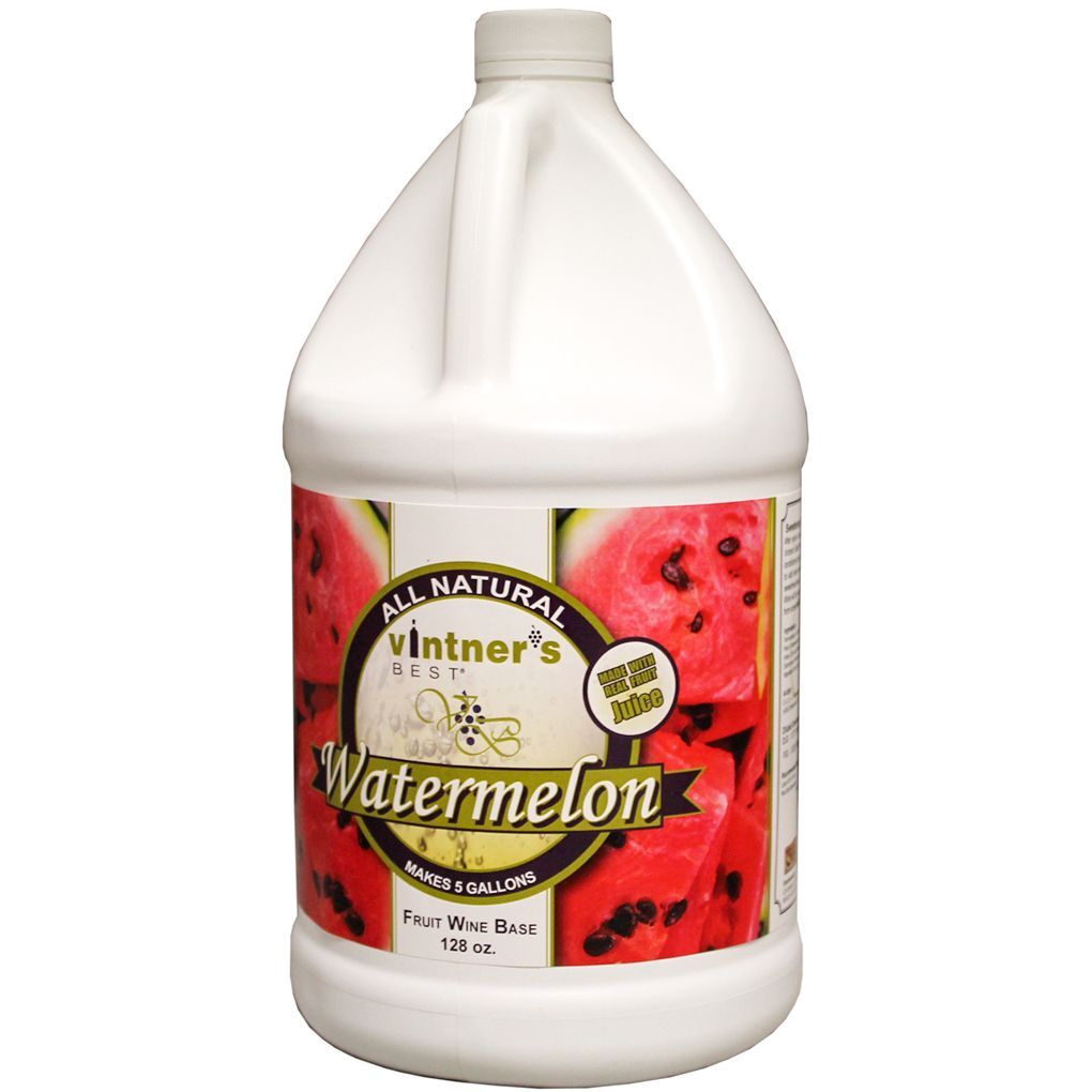 A gallon of watermelon juice with a picture of watermelon on the label