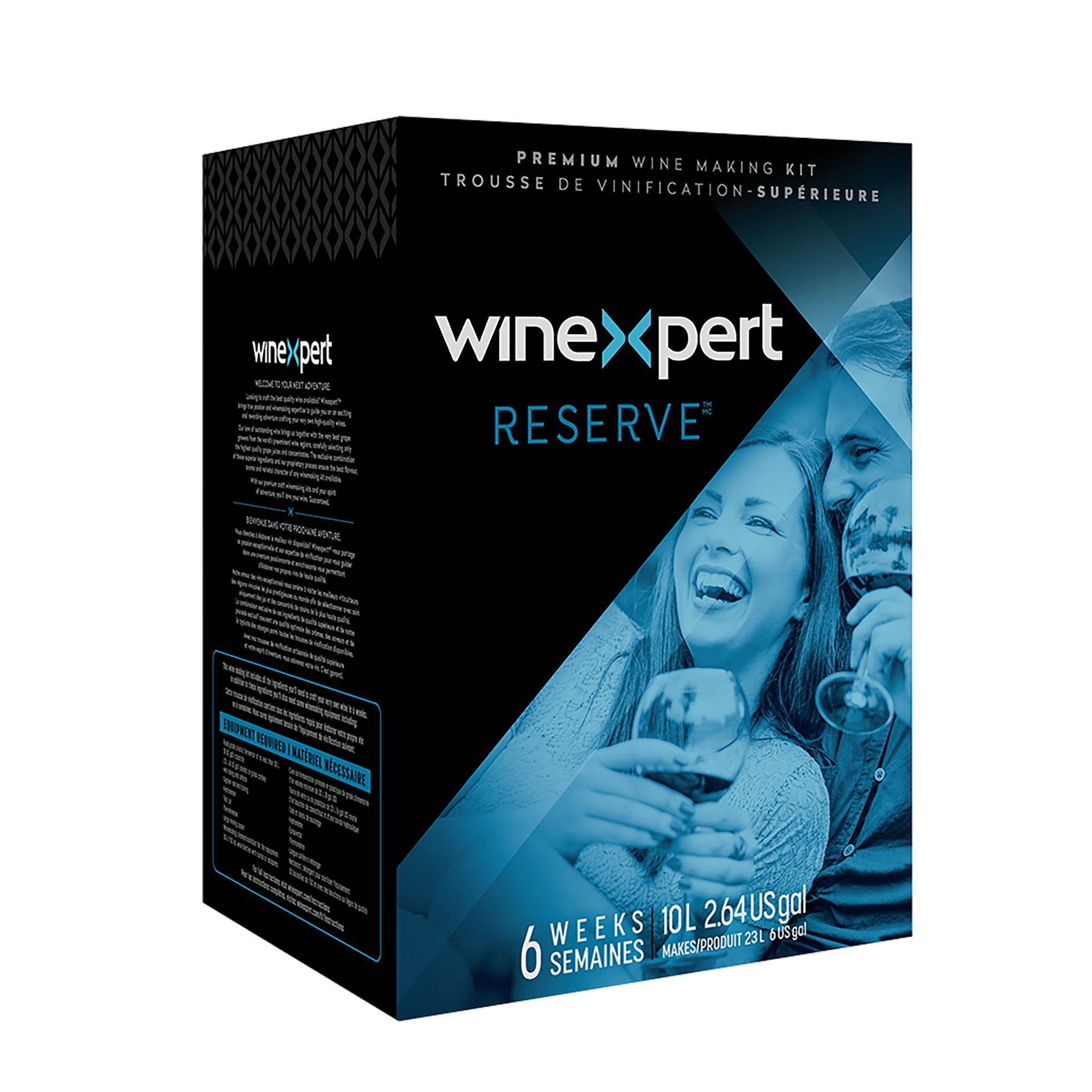 A box of wine with a man and woman holding wine glasses