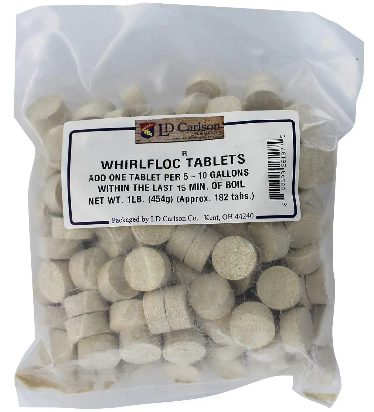 A bag of whirllog tablets with a label on it