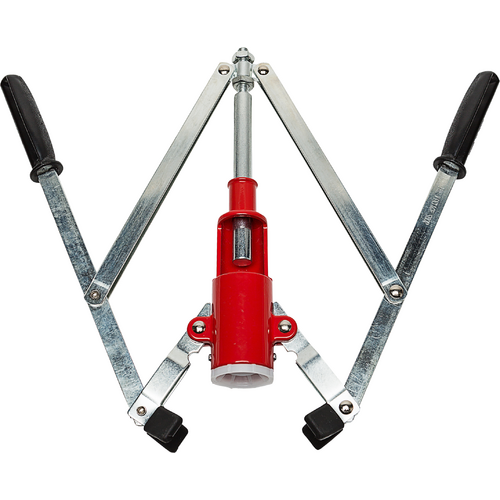 A red corkscrew with black handles on a white background
