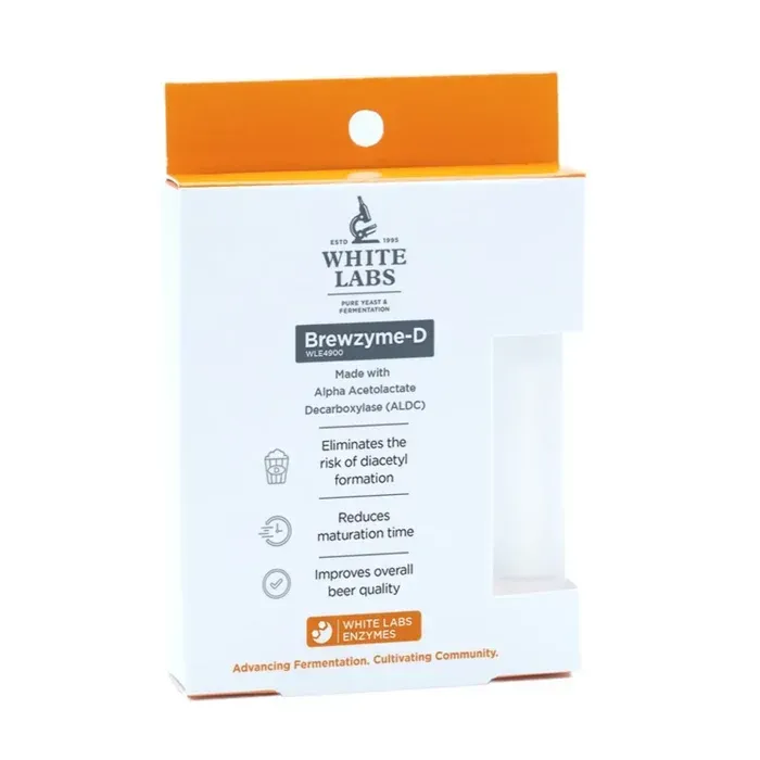 White Labs Brewzyme-D product box with orange top and white front packaging