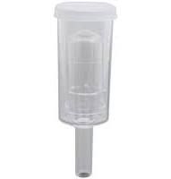 A clear plastic airlock with a white lid on a white background.