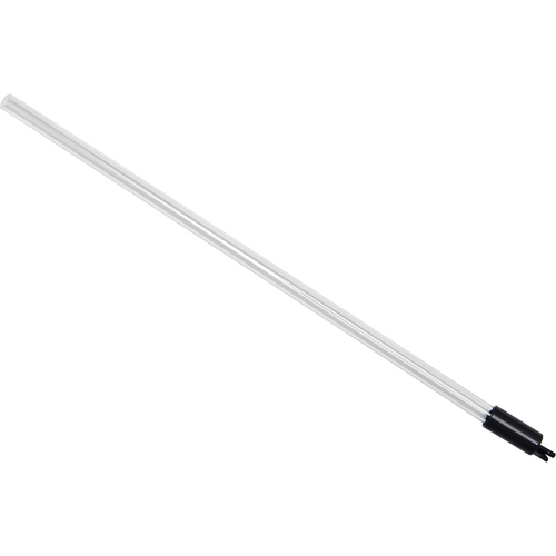 A long aluminum pole with a black handle on a white background.