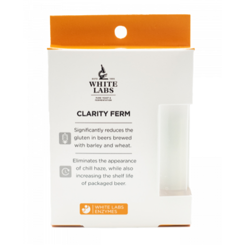 White Labs Clarity Ferm yeast enzyme package, white box with orange top flap
