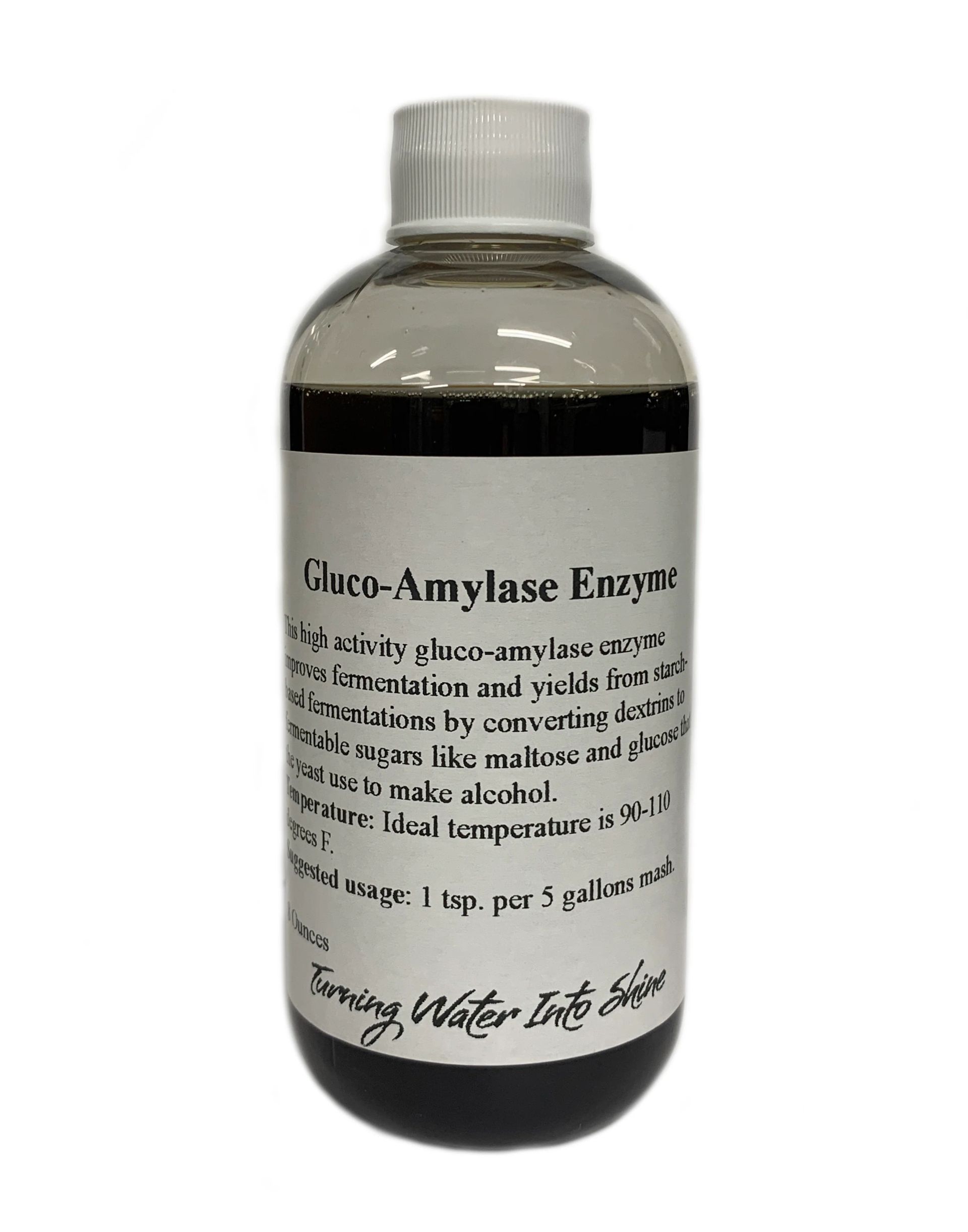 A bottle of gluco-amylase enzyme on a white background.